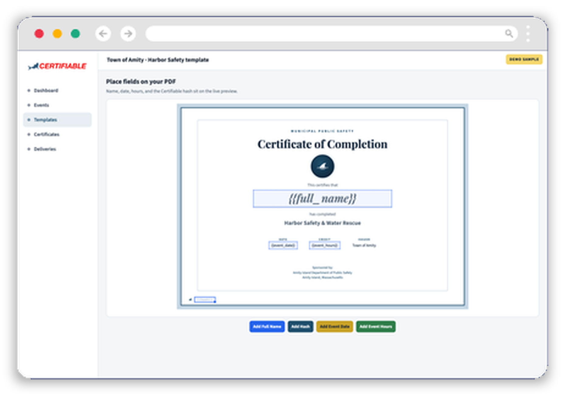 Certifiable template editor placing name, date, hours, and hash fields on a branded PDF