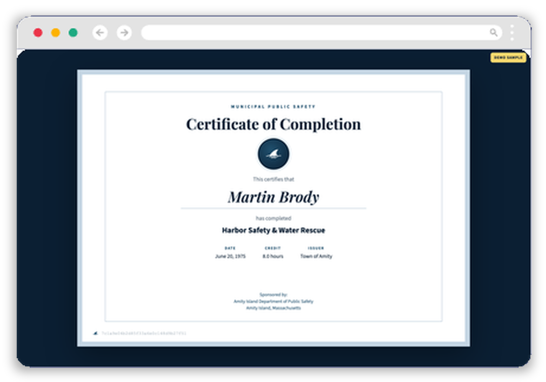 Sample Certifiable certificate of completion with the Certifiable mark and unique hash in the corner