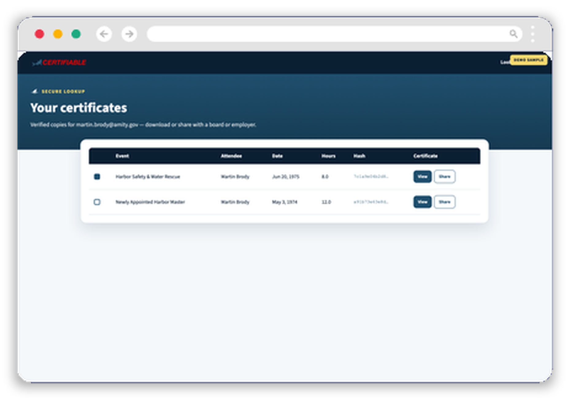 Certifiable lookup results showing event, hours, unique hash, and view or share actions